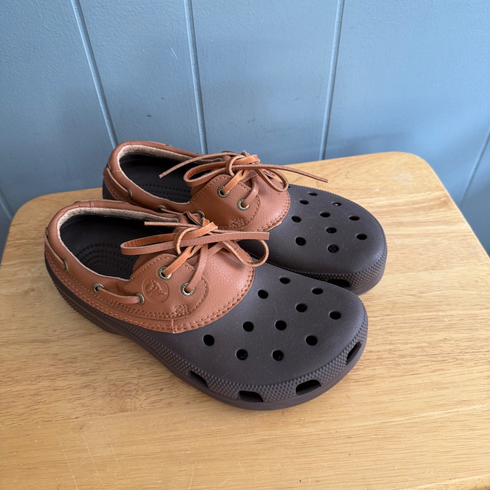 Crocs Classic Boat Shoe Coffee Cognac Brown Leather Trim Mens 9 Womens 11